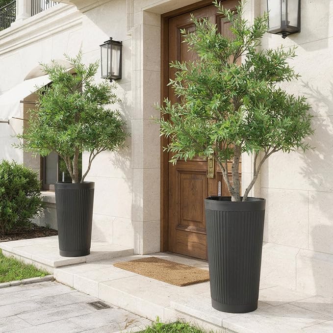Self Watering Tall Black Planters Outdoor Set of 2, 24” Flower Pots Planters for Outdoor Plants, Modern Plastic Tall Planter for Front Porch, with Drainage Hole (Ribbed)