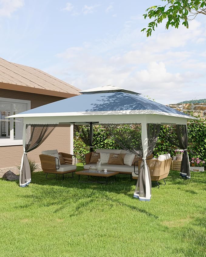 Canopy Tent 12x12 ft, Pop Up Gazebo One-Push Setup with 4 SandBags for Backyard Parties and BBQs, Mosquito Netting & Height Adjustable - Navy Blue