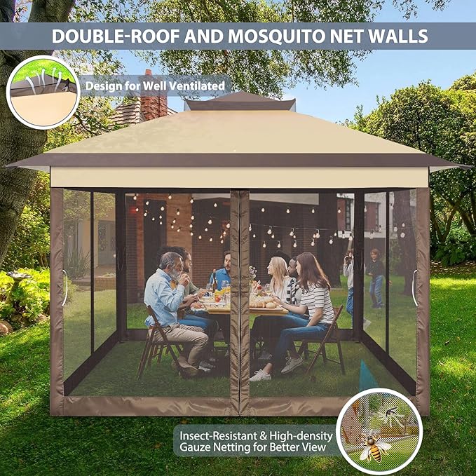 COBIZI 11x11 FT Pop up Gazebo Canopy Tent - Outdoor pop up gazebos on Clearance,carpas para Patio,Shelter - Screen Tents with Portable Carry Bag,Patio Gazebos for Camping,Garden,Deck,Backyard,Brown