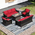 Joyside Wicker Patio Furniture Sets, 5 Pieces Upgraded Large Size Outdoor Furniture with Patio Dining Chair,Two 3-Seat Sofa, Fire Table,Thick Cushions, Wide Armrest, Red