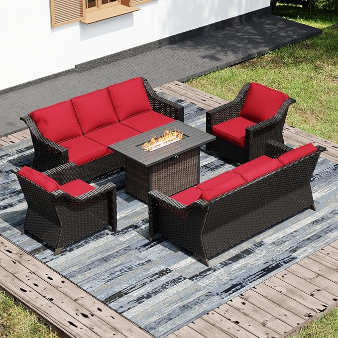 Joyside Wicker Patio Furniture Sets, 5 Pieces Upgraded Large Size Outdoor Furniture with Patio Dining Chair,Two 3-Seat Sofa, Fire Table,Thick Cushions, Wide Armrest, Red
