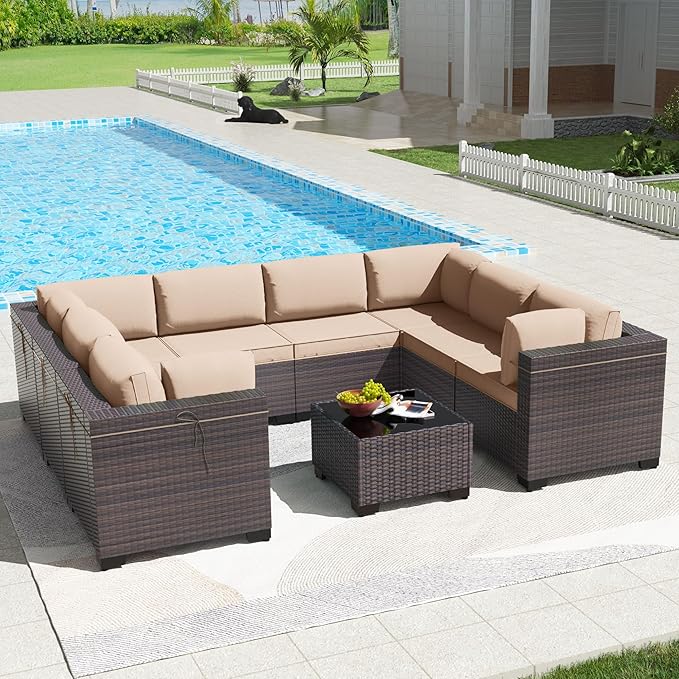 Kullavik 9 Pieces Outdoor Patio Furniture Set PE Wicker Rattan Sectional Sofa Patio Conversation Sets,Sand