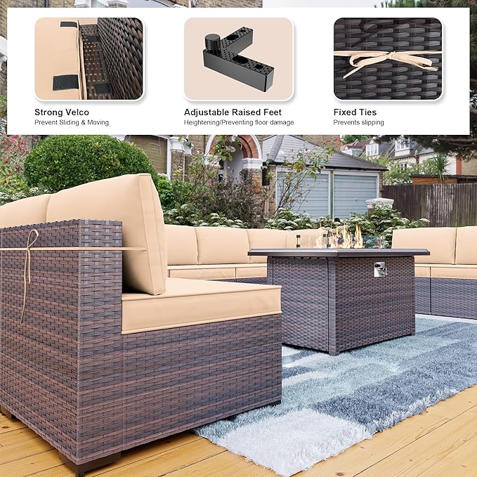 Kullavik 15PCS Outdoor Patio Furniture Set with 43" 55000BTU Gas Propane Fire Pit Table PE Wicker Rattan Sectional Sofa Patio Conversation Sets w/8 Coner Sofas,Sand