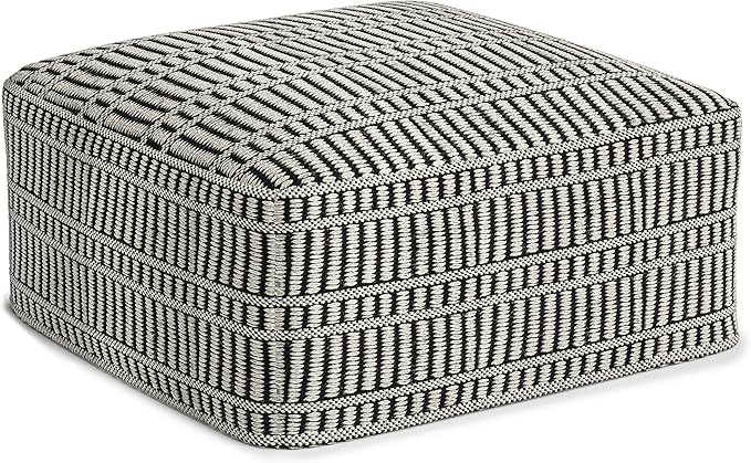 SIMPLIHOME Safford Square Pouf - 20 inch Wide Upholstered PET Polyester Ottoman in Black and White, Boho Indoor/Outdoor Footstool or Extra Seating for Living Room, Bedroom, or Patio, Assembled