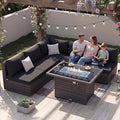 NICESOUL 6 Piece Modern L-Shaped Outdoor Sectional with Firepit Natural Gas/Propane, 29.3'' High Back Wicker Patio Furniture Set, Oversized Conversation for Exterior, 2 Color Cushion Black & Gray