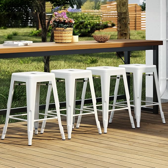 Yaheetech 24 Inch Metal Barstools Set of 4, Counter Height Backless Stools, Industrial Stackable Bar Chairs with Footrest for Kitchen/Dining Room/Bistro/Patio, White