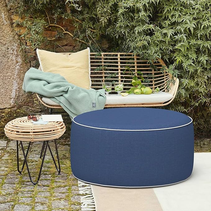 LVTXIII Inflatable Stool Ottoman Footrest with Handle, All Weather Footrest Seat, Indoor or Outdoor Pouf for Home Patio Garden and Camping Use, D31 xH14, Large Round, Navy Textured