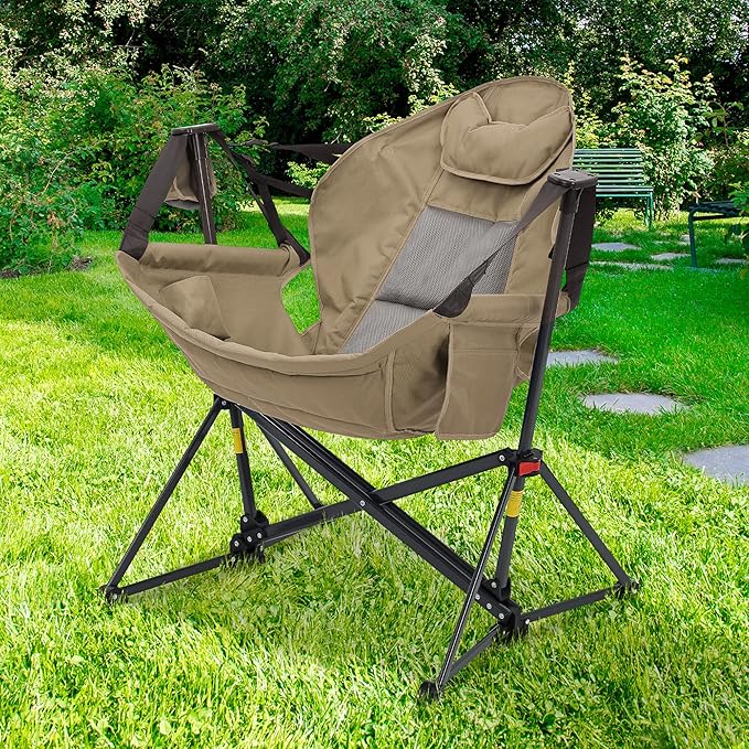 Ainfox Hammock Camping Chair, Foldable Portable Rocking Chairs for Adults Outside Swinging Camp with Cup Holder Pillow for Outdoor Patio Poolside (Brown)