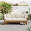 Merax Outdoor Patio Daybed Sofa,3-Seat Sofa with Foldable Arm 4 Back Pillows,Teak Acacia Wood Frame Beige Removable Cushion,Teak+ Beige