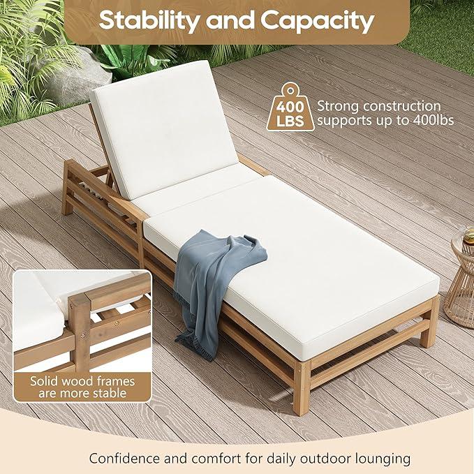 LUMISOL Patio Chaise Lounge Chair, 5-Position Adjustable Outdoor Chaise Lounge, Solid Wood Patio Recliner Chair with Thick Cushions, Weather-Resistant for Pool, Balcony, Garden, Light Teak