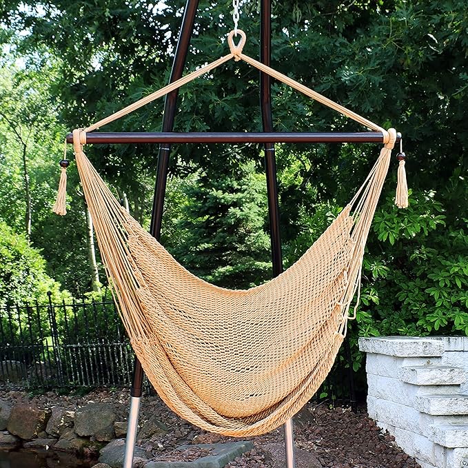 Sunnydaze Outdoor Hammock Chair Swing - Hanging Hammock Swing - Hanging Reading Chair - Soft-Spun Polyester Rope - Caribbean XL - Tan