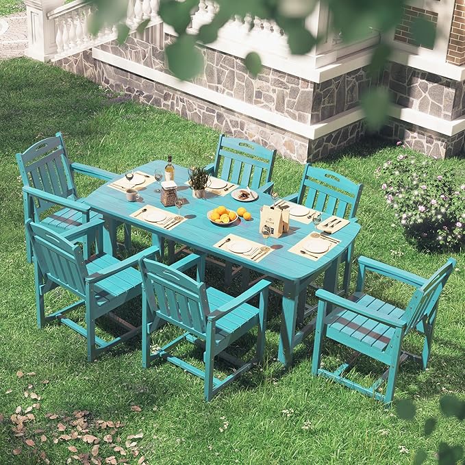 HDPE Outdoor Dining Set, Patio Table and Chairs Set, All-Weather 7-Piece Outside Table and 6 Chairs, 2" Umbrella Hole, Outdoor Furniture for Garden, Poolside, Backyard, Deck | Lake Blue