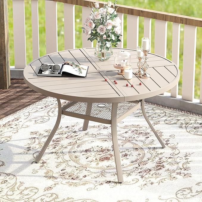 VICLLAX Round Patio Table with Adjustable Umbrella Hole for 4, All Weather Metal Outdoor Dining Table for Lawn Garden, 40.6" Outdoor Coffee Table, Cream Color Frame