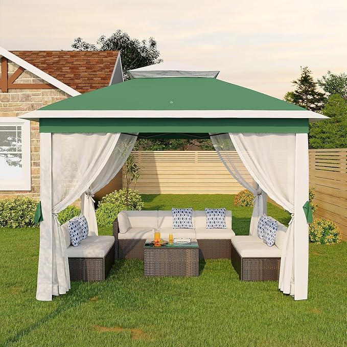11'x11 Pop-Up Gazebo, Instant Outdoor Canopy Tent with Mosquito Nettings, Durable Steel Frame, Water, and UV Proof, for Patio, Garden, Courtyard, Party (Green)