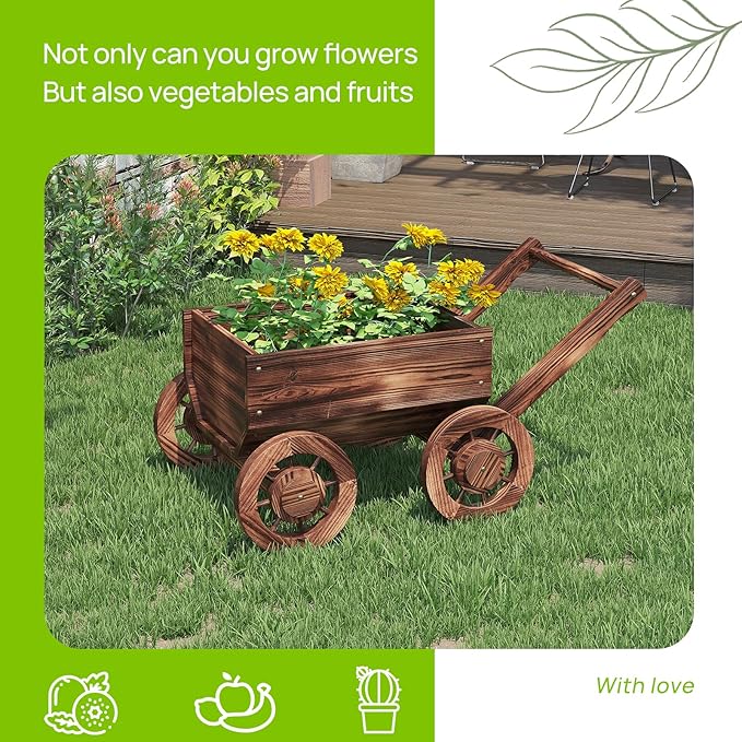 Wooden Flower Cart with Wheels Wooden Wagon Planter Outdoor Garden Planter Decor Planter Kit for Patio Balcony Trolley Decoration Succulent Flower Pot, Indoor Backyard Balcon Decor（Small）