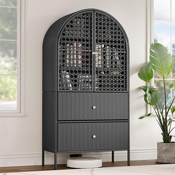 YITAHOME 65 Inch Outdoor Storage Shed, Arched Wicker Stand-Up Pantry with 3 Shelves & 2 Drawers, Rustic Storage Cabinet Patio Furniture for Backyard Garden Patio Lawn (Black)