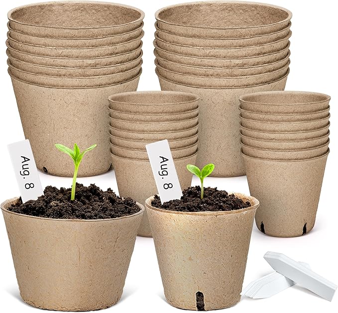homenote Peat Pots, 3.15/4 Inch 60 Pcs Seed Starting Pots with Drainage Holes Round Nursery Plants Pots with Bonus 20 Plant Labels