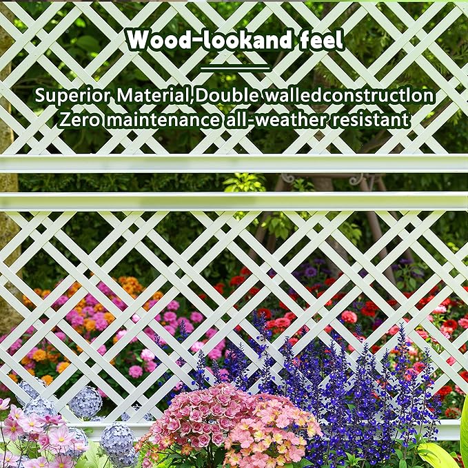 EasyUp Raised Garden Bed with Trellis for Climbing Plants,Outdoor Herb Garden Planter with Drainage Plug and Gauge,Durable Dust-Proof Resin for Garden, Patio, Balcony, and Backyard