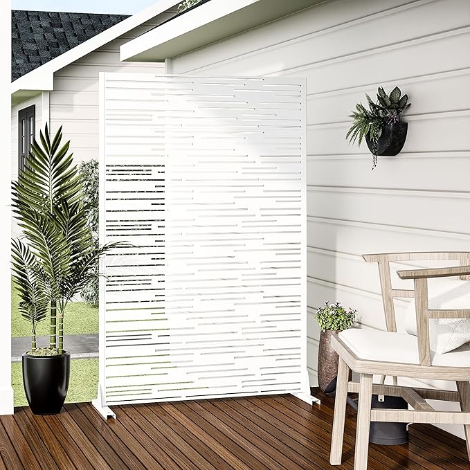 Casaphoria Metal Privacy Screen Outdoor, 72" H x 47" W Freestanding Decorative Privacy Screen for Patio Deck Balcony Garden with Stable Base, White-Shine