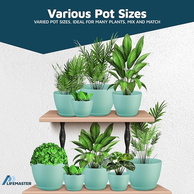 Planter Pots with Drainage Holes - Lightweight, Durable, and Space-Saving Pots for Indoor and Outdoor - Versatile Functionality, Simple Modern Design, Set of 10 Plastic Planter Pots - Aqua