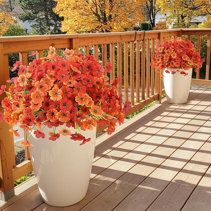 MACTING Artificial Fall Flowers for Outdoors 12 Bundles Faux Mums Outdoor Plants UV Resistant Fake Silk Flowers for Planters Garden Porch Patio Indoor Outside Autumn Thanksgiving Decor,Orange & Red