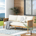 Merax 76.5" Outdoor Acacia Wood Wicker 3 Seater Sofa, Patio Furniture Couch for Backyard