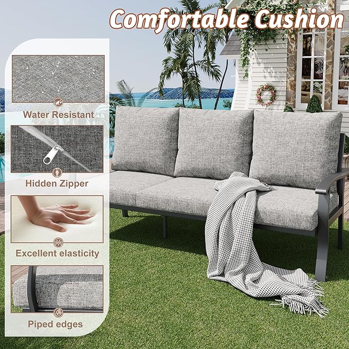 HOMREST Outdoor Couch Aluminum Patio Furniture Sofa, 3-Seat All-Weather Metal Outdoor Patio Furniture with Cushions, Grey
