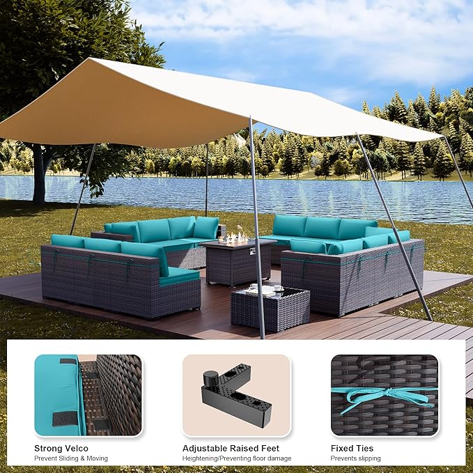 Kullavik 15 Pieces Outdoor Patio Furniture Set with 43" 55000BTU Gas Propane Fire Pit Table PE Wicker Rattan Sectional Sofa Patio Conversation Sets,Blue