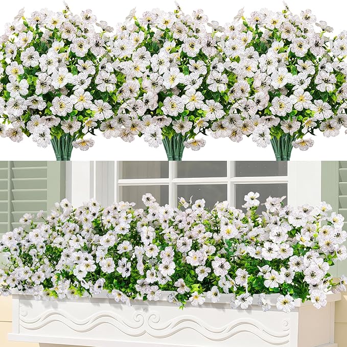 Bassion Artificial Flowers for Outdoors, 24 Bundles UV Resistant Fake Flowers Realistic Silk Faux Plants for Outdoor Planter Window Box Porch Patio Garden Home Outside Decorations
