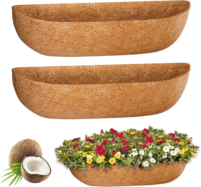 ZeeDix 30 Inch Trough Coconut Liners for Planters - 100% Natural Coconut Coir Fiber Planter Liners Replacement for Window Boxes, Wall Baskets, Deck Flower Boxes, Garden Railing Fence Troughs (2-Pack)