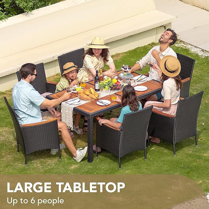 Devoko Dining 7 PCS Furniture, Patio Conversation Set with Acacia Wood Table Top, Outdoor, Beige Cushion and Black Rattan