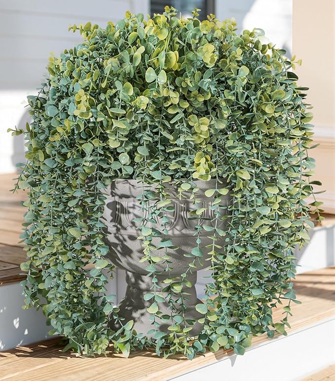 Faux Outdoor Plants Fake Hanging Plants for Outdoors Outside Decorations, 2 Pcs White Faux Eucalyptus Vines Realistic UV Resistant Artificial Greenery for Planters Porch Garden Yard Front Door Patio