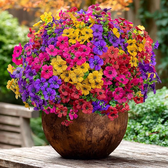 Artificial Flowers for Outdoors Fake Plants - 16 Bundles Faux Outside Greenery Boxwood UV Resistant Plastic Shrubs Decor (Mixed)