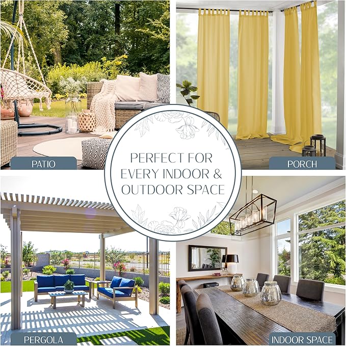 Elrene Home Fashions Matine Weatherproof Tab-Top Indoor/Outdoor Solid Color Curtain Panel for Porch, Pergola, Patio, Deck, 52”W x 95”L, Yellow