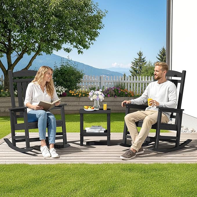 SERWALL HDPE Outdoor Rocking Chair Set of 2, Patio Rocking Chairs, All-Weather Porch Rockers for Adults, Black