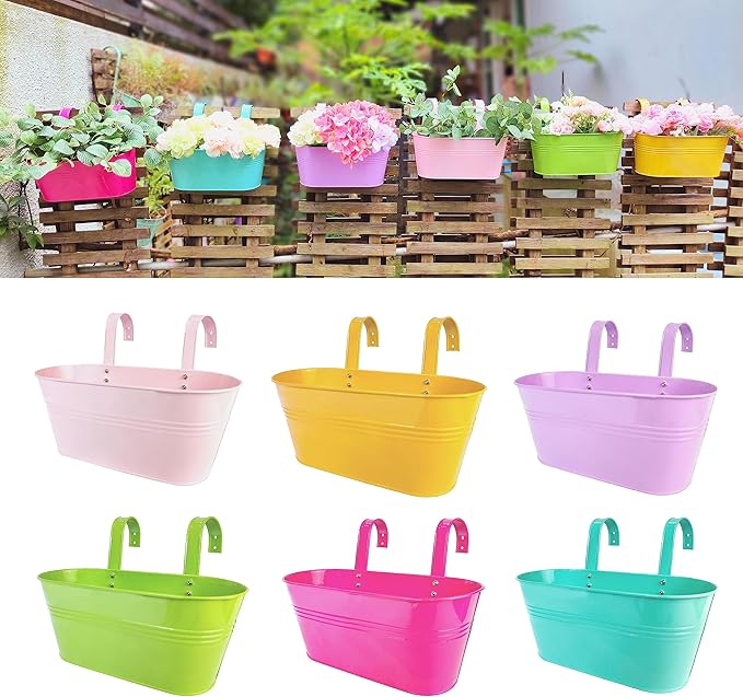 LaLaGreen Rail Planter Outdoor Plants (6 Pack, 9.8 Inch) Small and Cute Metal Iron Strawberry Hanging Flower Pot Deck Railing, Colorful Mini Fence Bucket Wall Mount Window Box Plant Holder Porch Decor