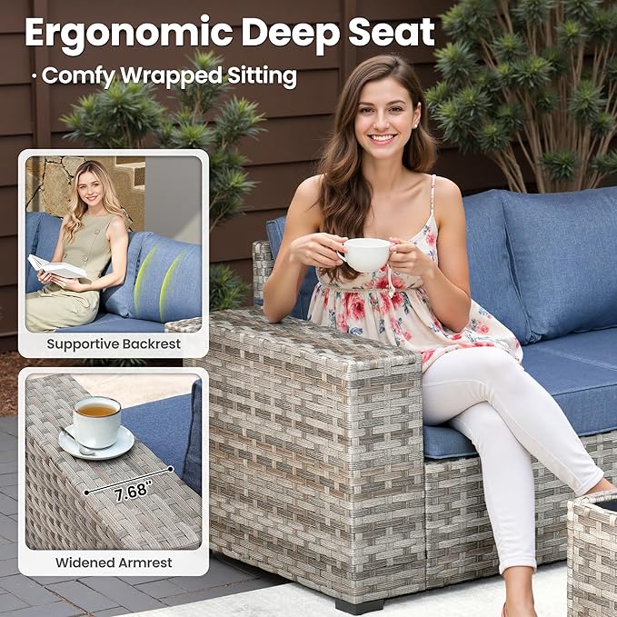 ovios 6 Pieces Patio Furniture Set, Outdoor Wicker Sectional Sofa with Glass Table Comfy Cushions, Modern Modular Deep Seat Couch Rattan Conversation Set, Denim Blue