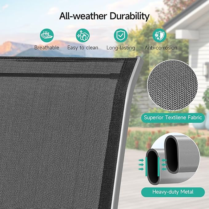 Patio Chairs Set of 2, Easily Set Up Stackable Outdoor Dining Chairs with High Back and Wide Seat, All Weather Breathable Outdoor Chairs Set of 2 with Metal Frame for Backyard Deck Pool, Black