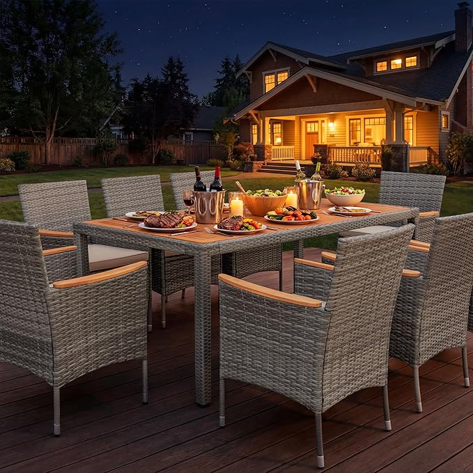 Devoko Outdoor Patio Dining Sets 9 Pieces Wicker Outdoor Dining Table and Chairs Set with Acacia Wood Table Top and Widened Armrests for Backyard, Garden, Deck (Grey)