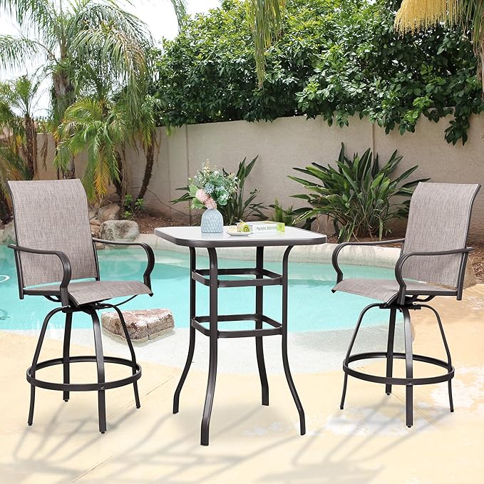 Vongrasig 3 Piece Patio Swivel Bar Set, All Weather Mental Textilene High Swivel Stools Chair Set of 2 and Glass Bar Table, Outdoor High Top Bistro Set for Lawn Garden, Balcony, Taupe