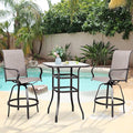 Vongrasig 3 Piece Patio Swivel Bar Set, All Weather Mental Textilene High Swivel Stools Chair Set of 2 and Glass Bar Table, Outdoor High Top Bistro Set for Lawn Garden, Balcony, Taupe
