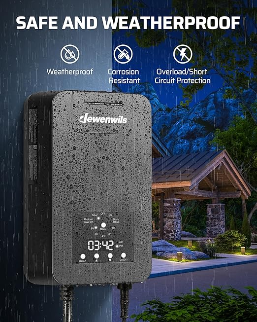 DEWENWILS 300W Low Voltage Landscape Transformer, Outdoor Low Voltage Transformer with Photocell Sensor & Timer, 120V AC to 15V DC, Landscape Lighting Transformer for Spotlight Garden Light Steplight
