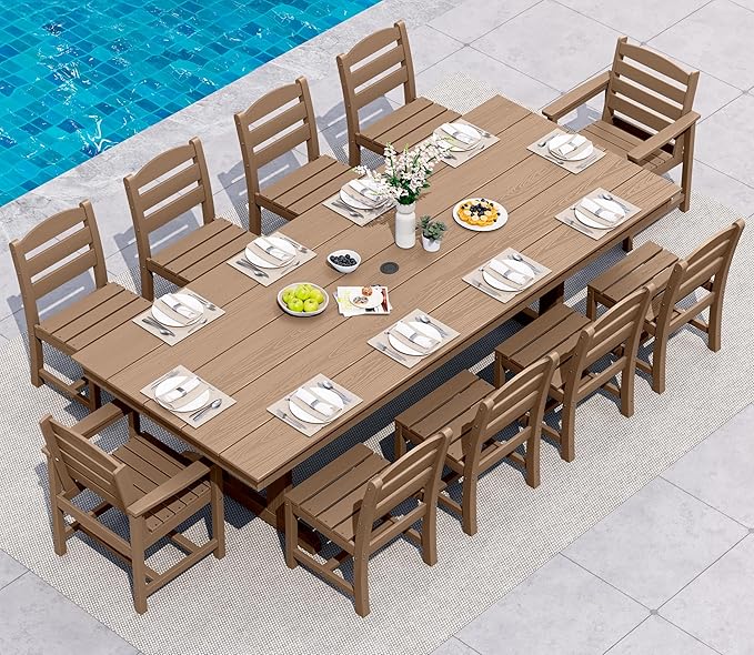 SERWALL 11 Piece Outdoor Dining Set, 84" HDPE Outdoor Table and Chairs for 10，All Weather Patio Furniture Set with Umbrella Hole for Backyard, Garden, Brown