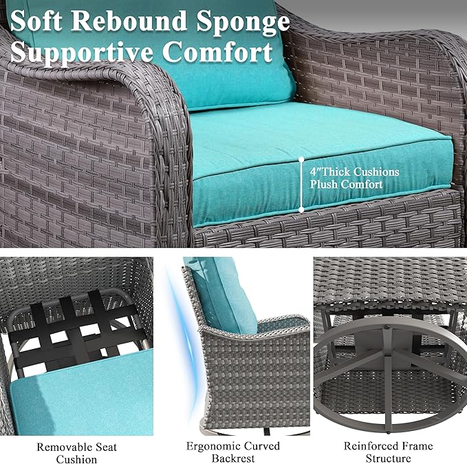 2-Seat Modern Patio Furniture Set with Swivel Rocking Chairs, Thick 4″ Cushions, Dual-Strand Wicker Rattan, Rust-Resistant Steel Frame – Outdoor Conversation & Modular Sectional,Blue
