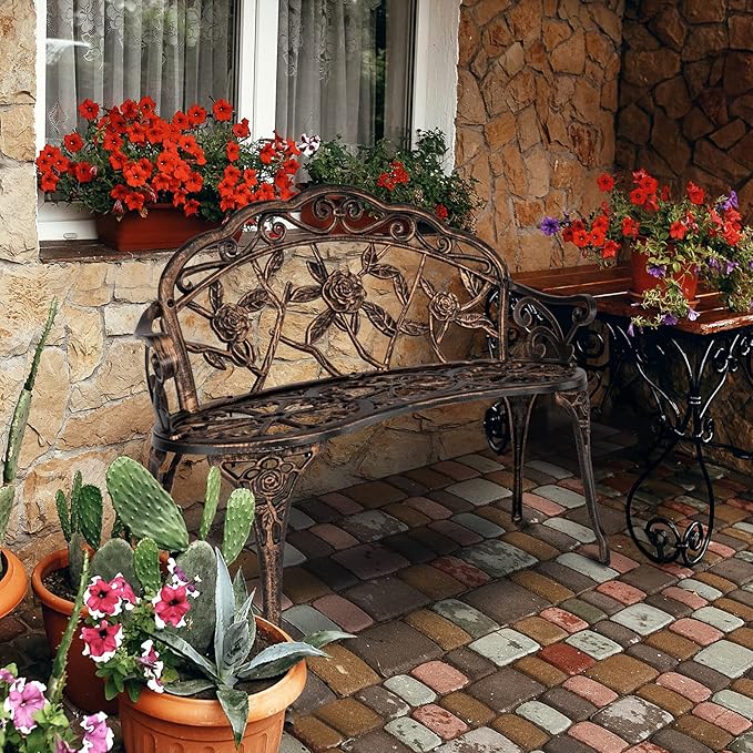 VINGLI 38.5" Patio Park Garden Outdoor Metal Rose Bench, 2-Person Cast Iron Cast Aluminium Frame Antique Finish Chair,Accented Lawn Front Porch Path Yard Decor Deck Furniture (Bronze, Rose)