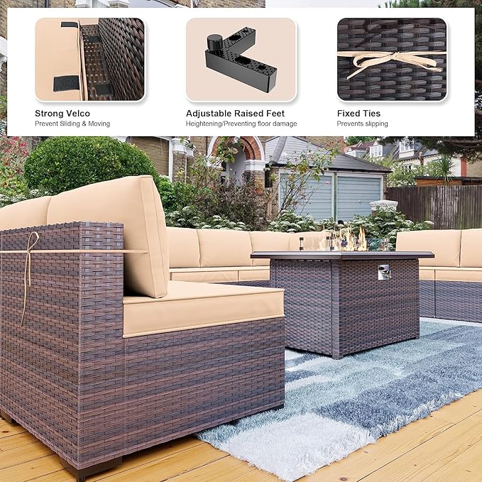 Kullavik 10 Pieces Outdoor Patio Furniture Set with 43" 55000BTU Gas Propane Fire Pit Table PE Wicker Rattan Sectional Sofa Patio Conversation Sets,Khaki