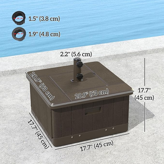 Outsunny 3-in-1 Outdoor Umbrella Base, Coffee End Table, Planter Box with Drain Hole, 175 lbs. Capacity Heavy Duty Fillable Patio Umbrella Stand Table with Wheels and Handles for Deck, Poolside, Brown