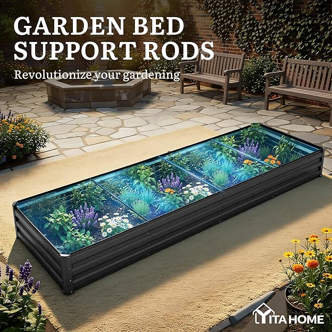 YITAHOME 12x4x1ft 2pcs Large Raised Garden Bed Kit, Galvanized Metal Planter Box with Gloves, Ground Nails, Support Rod, Outdoor Above Ground Planters for Plants Vegetables Flowers, Black