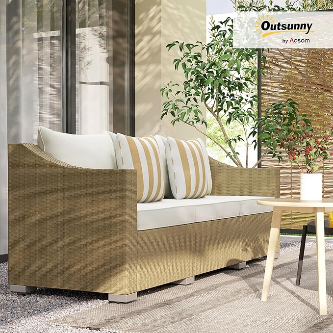 Outsunny 3 Seater Patio Sofa, Wicker Sofa with Cushions, Outdoor Furniture Rattan Couch with 2 Throw Pillows, Deep Seating, for Garden, Backyard, Porch, Cream White