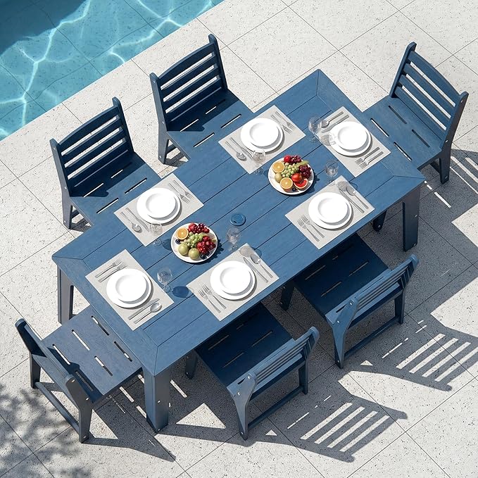 HDPE Patio Dining Set for 6, Weather-Resistant Outdoor Table with Umbrella Hole, Never Sagging One-Piece Tabletop with Metal Support Bars for Poolside Backyard Garden (Blue)